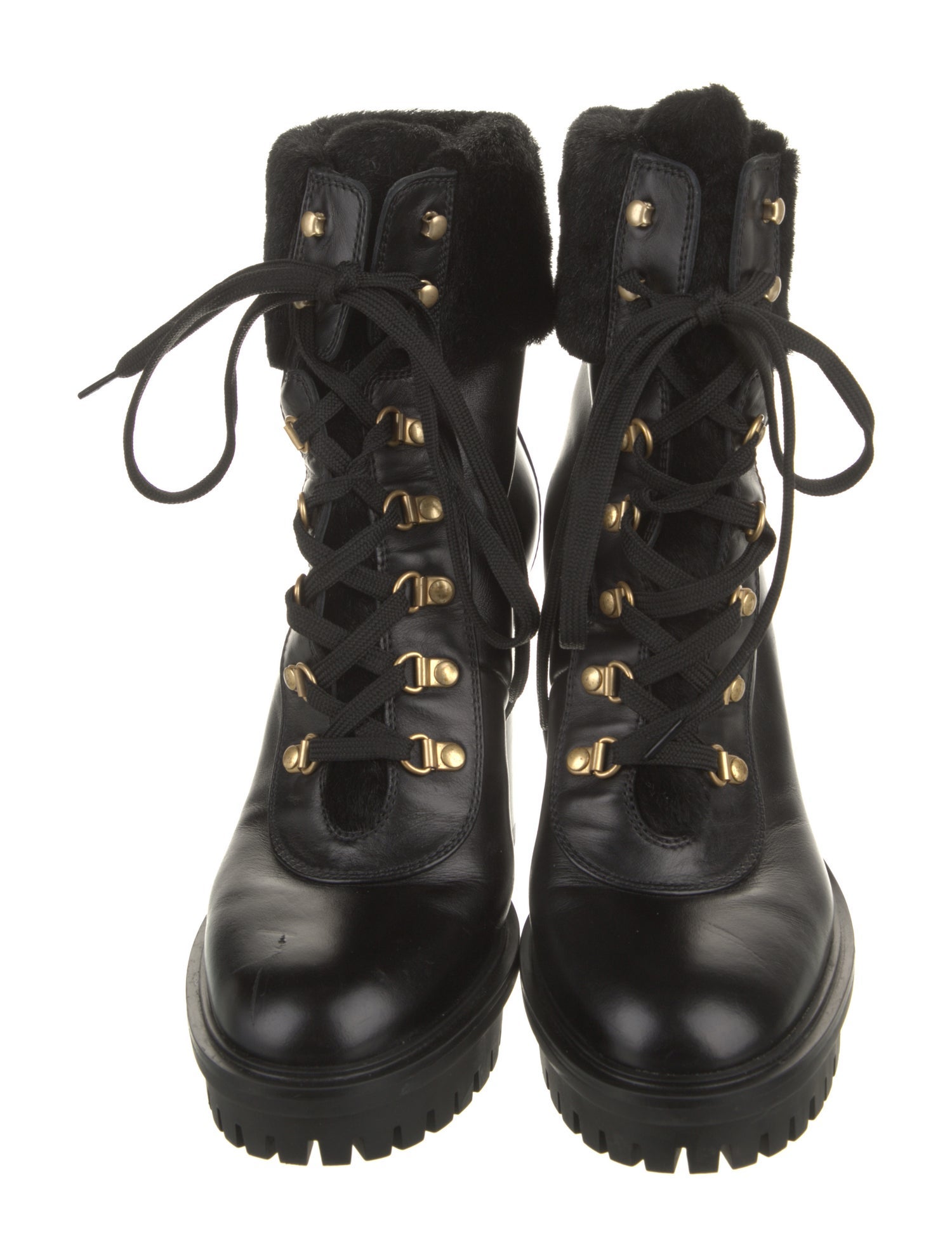 Gianvito Rossi Leather Fur Trim Lace-Up Boots